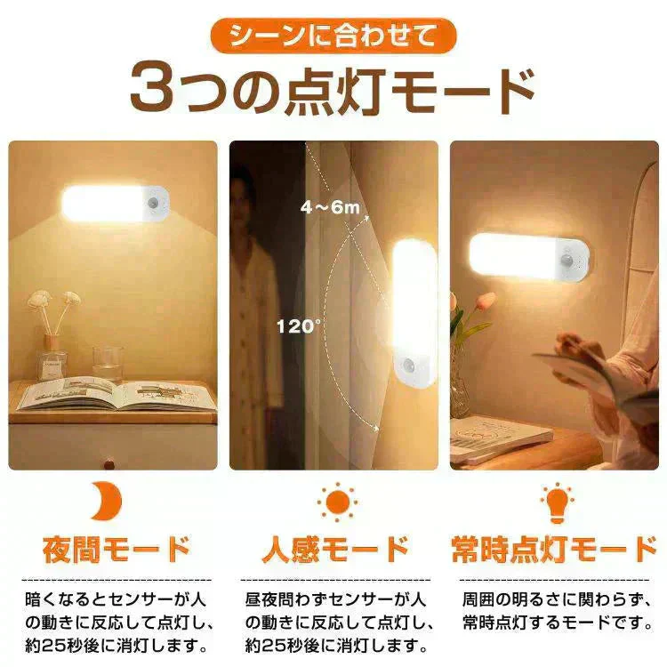 人感センサーライト 2個セット USB充電 室内 足元ライト フットライト 常夜灯 ナイトライト 非常灯 マグネット 照明 感知式 磁石 LED 明暗センサー 玄関 廊下 sl099