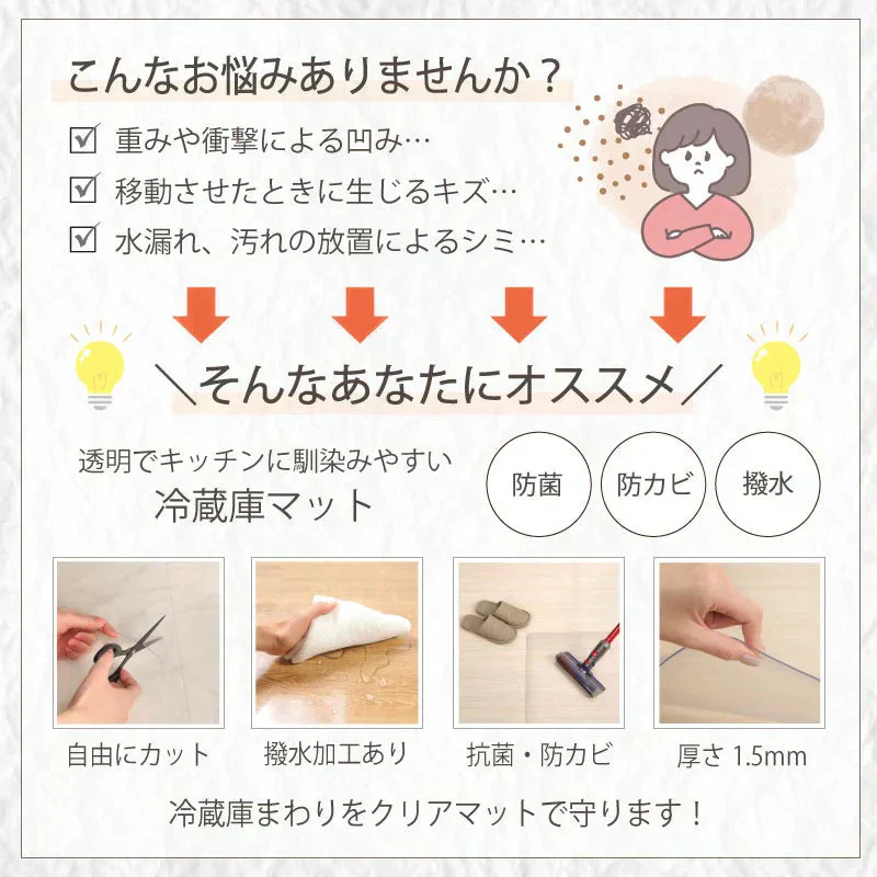 【65×70cm】冷蔵庫マット クリアマット 撥水 53×62 65×70 70×75 ダイニング クリア 抗菌 防カビ 防臭 厚さ1.5mm 床 保護 傷防止マット 透明 冷蔵庫 キッチン チェアマット キッチンマット 新生活