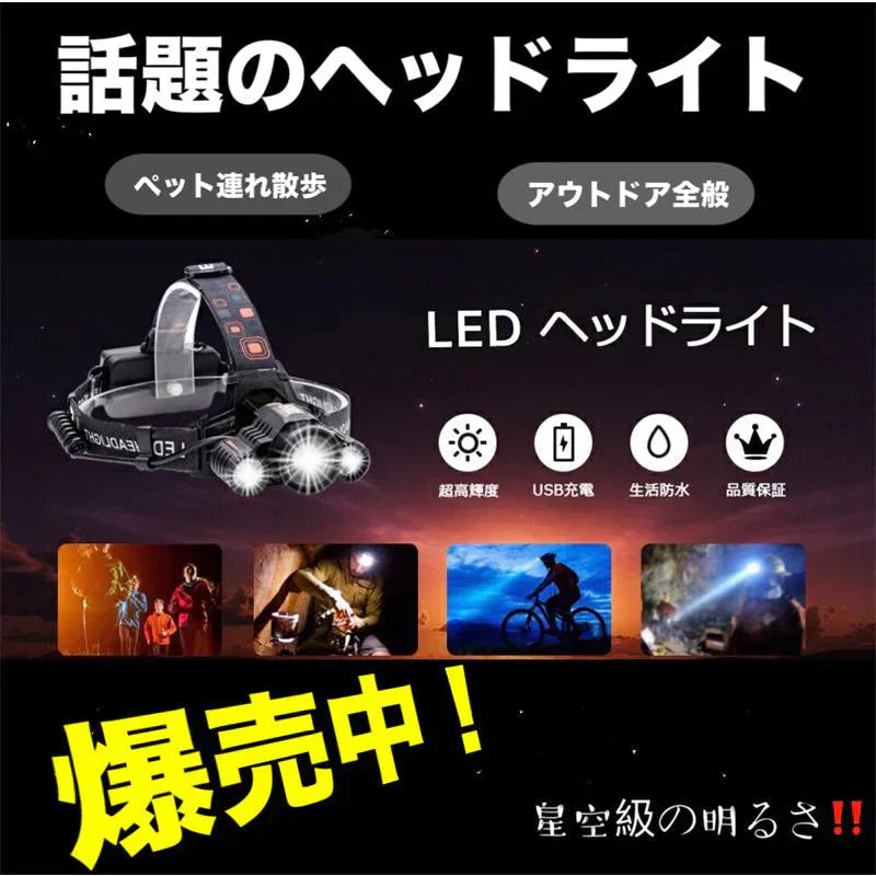 LEDヘッドライト 超強ルーメン ヘッドライト　最高輝度 充電式 ズーム機能　4段階の点灯モード(w017B)伸縮式
