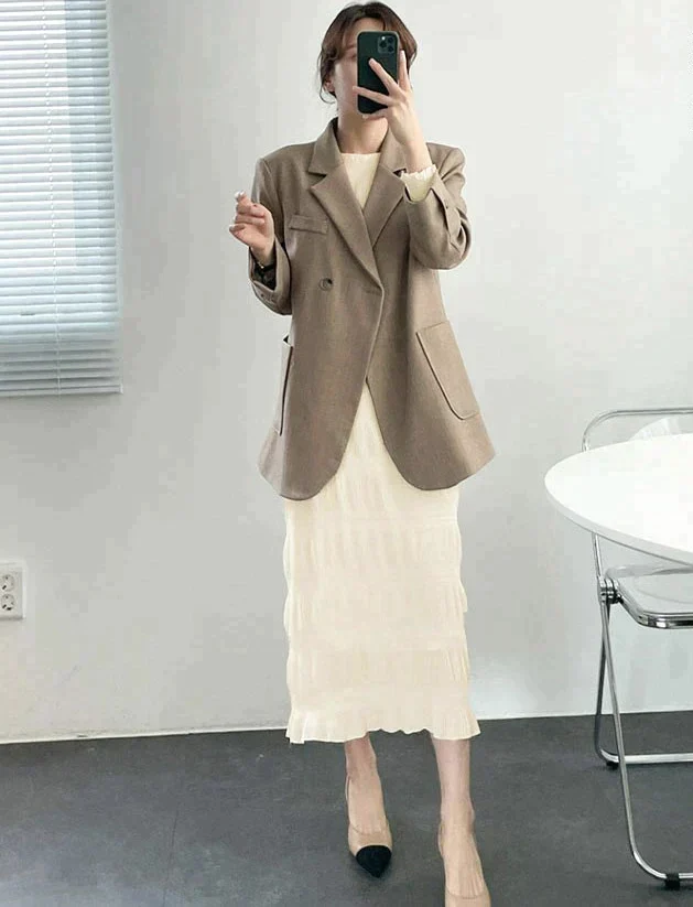 シャーリングシフォンワンピース（アイボリー/長袖/Mサイズ）