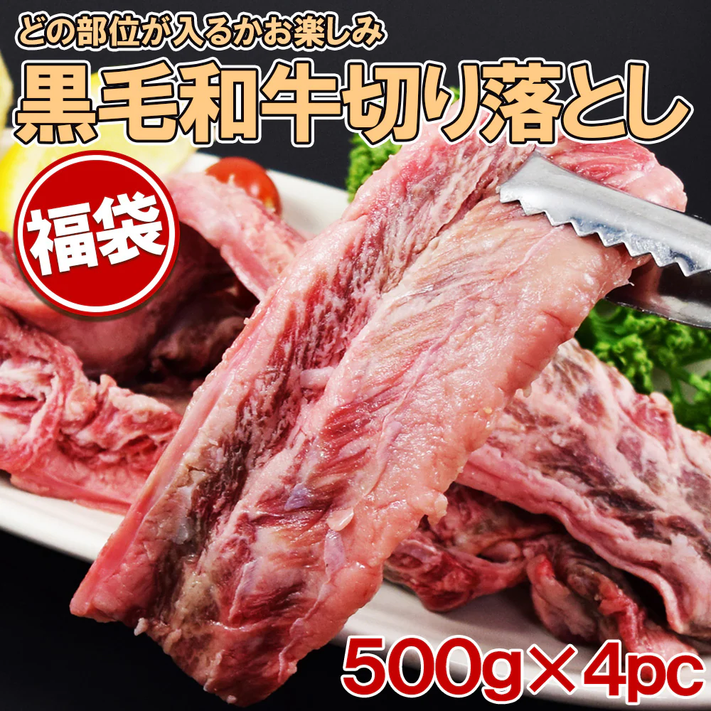 黒毛和牛切り落とし福袋 500g×4袋 2キロ 焼き肉 ステーキ 切り落とし 小肉 どの部位が入るかお楽しみ ウデ モモ ロース その他（スジ等の部位が入るか事もあります)