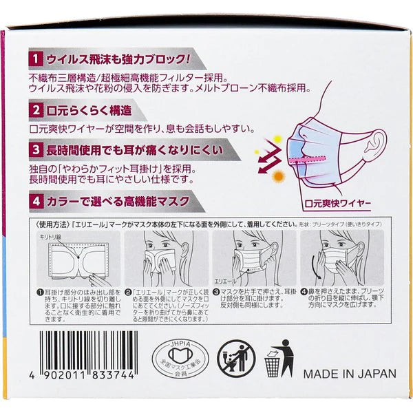 お得な4箱セット 日本製3層不織布マスク エリエール ハイパーブロックマスク ムレ爽快colors 小さめサイズ アイスブルー 30枚入り X4箱