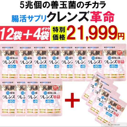 【お得16個セット・12個+4個オマケ】【クレンズ革命】5兆個 善玉菌のチカラ  内側から スッキリ 腸活 ダイエットサプリ 腸内フローラ 納豆菌 乳酸菌 菌活 悪玉菌 ガセリ ビフィズス菌 カルニチン プロバイオティクス デトックス クレンズサプリメント ガセリ菌 悪玉菌 国産 お腹スッキリ 乳酸菌サプリ 酪酸菌　納豆菌 ナットウキナーゼ ビフィズス菌 おすすめ 人気 ランキング 効果 強力 最強 通販 日本製 国産