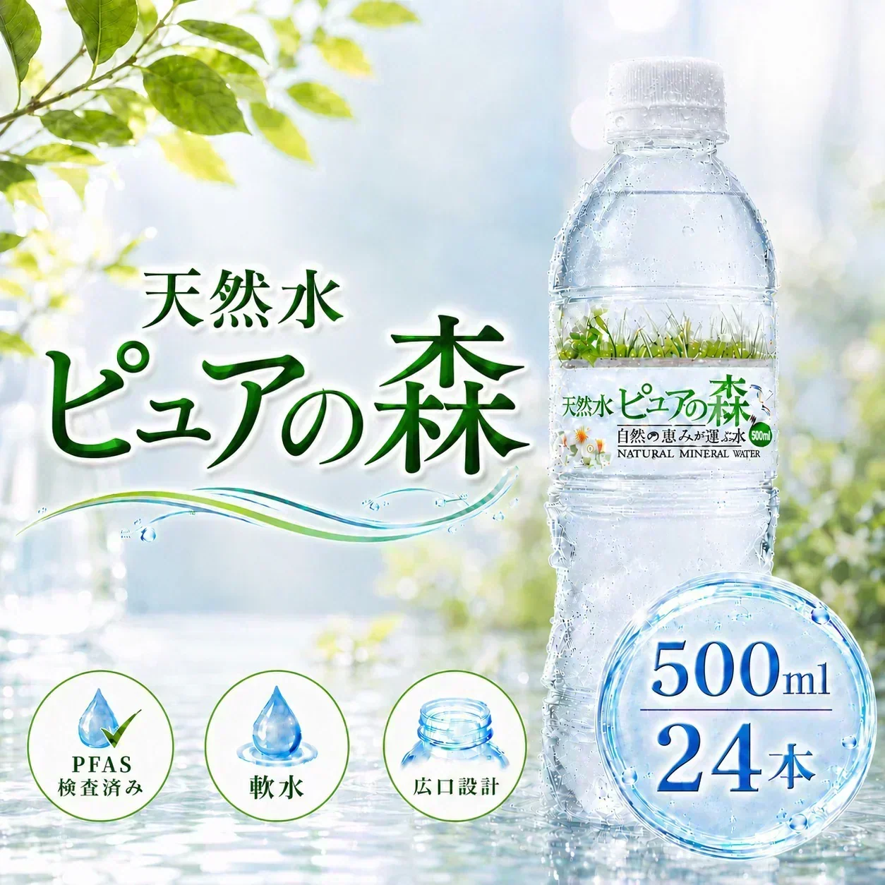 【6営業日以内出荷】【1ケース】  ミネラルウォーター 水 ピュアの森 天然水 500ml 24本 硝酸態窒素 亜硝酸態窒素 検査済み PFOS PFOA 検出限界以下【プチプラ特集】