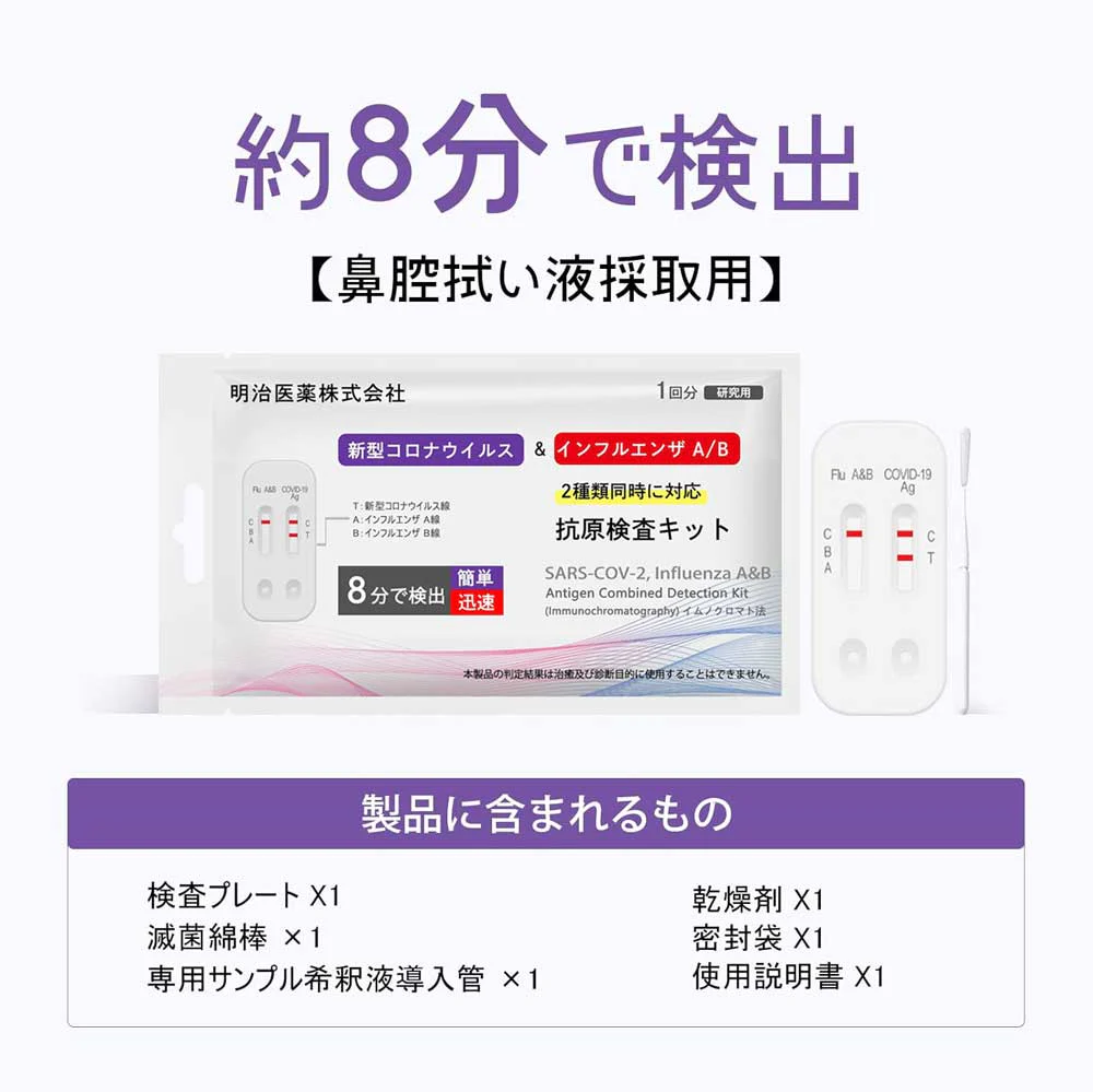 2024最新型 日本製 明治医薬【お試し・1個セット】【オミクロン株対応版 BA.2 BA.5】3類抗原同時検査 Wチェック 抗原検査キット 鼻腔検査 新型コロナウイルス インフルエンザウイルスA/B 最新変異株対応 7分検出