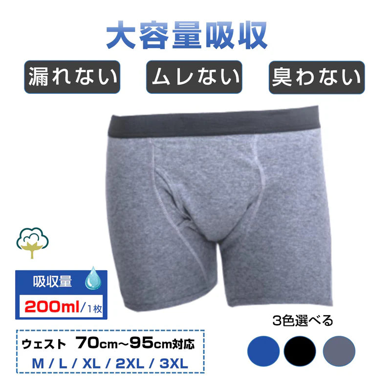 失禁パンツ ネイビーXL1枚 男 メンズ 尿漏れ パンツ 漏れない 介護 ボクサー トランクス ショーツ 高齢者 シニア 中失禁 重失禁 200cc 大容量 吸収 コットン 綿 通気性