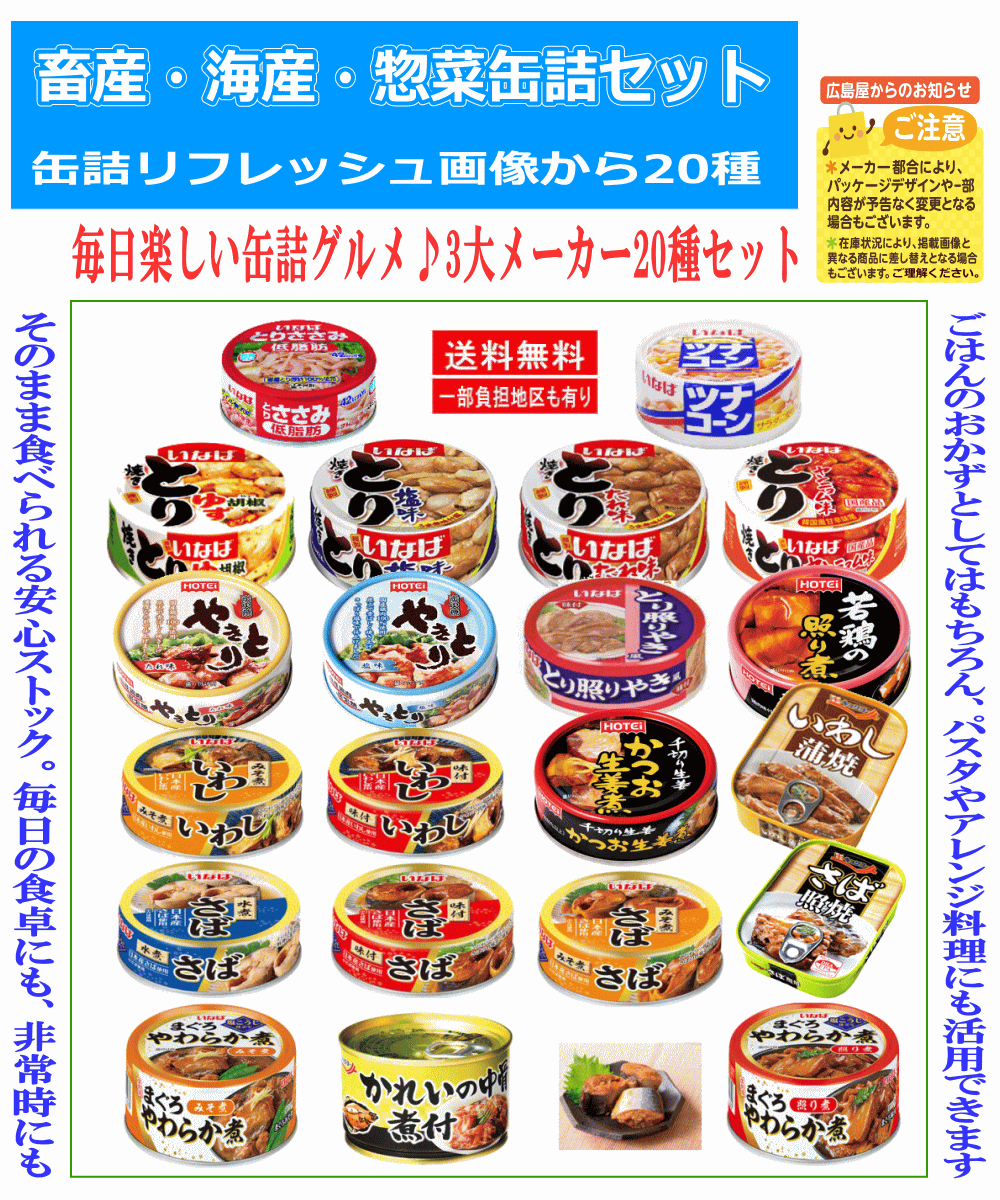 【缶詰Re】20種 詰め合わせ セット いなば ホテイ 極洋 さば缶 いわし缶 焼き鳥 ツナ まぐろ 惣菜 缶詰セット 食べ比べ 保存食 非常食 常温保存 バラエティ関東圏送料無料