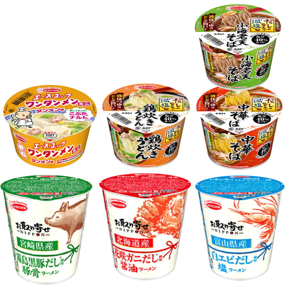 決算特価 エースコック 72個 ミニサイズカップ麺 鶏炊きうどん 小海老天そば 中華そば ワンタンメン お取り寄せ日本 北海道産花咲ガニだし 富山県産白エビだし 宮崎県産霧島黒豚だし