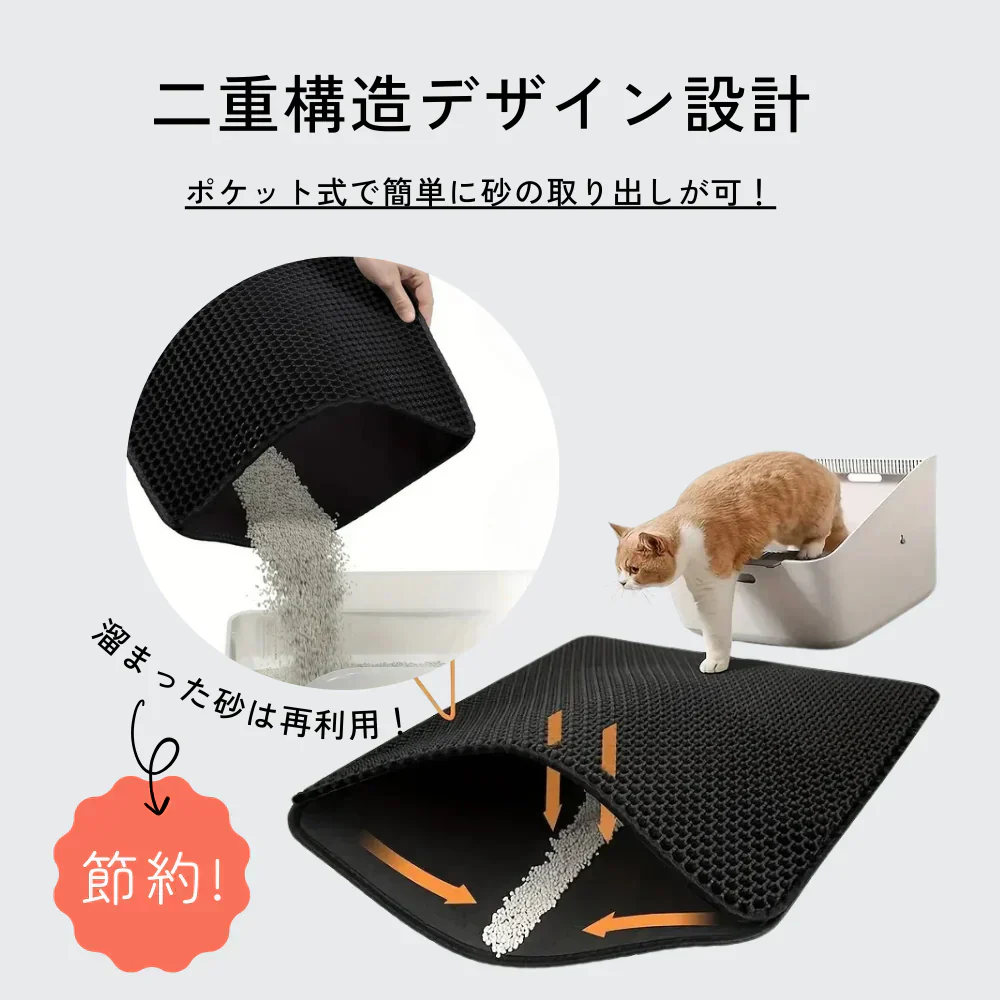 (ブラック) 猫砂マット ネコ砂 30×45 洗える 再利用 トイレマット 砂取りマット 飛び散り防止 トイレ用品 ペット マット 防水 小さめ