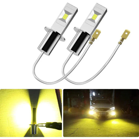 LEDフォグランプ H3 6000k-ポーペ 60W 1200LM 12V/24V兼用 無極性 CSPチップ搭載 両面発光 ホワイト 高輝度 2本セット w221B(イエロー)