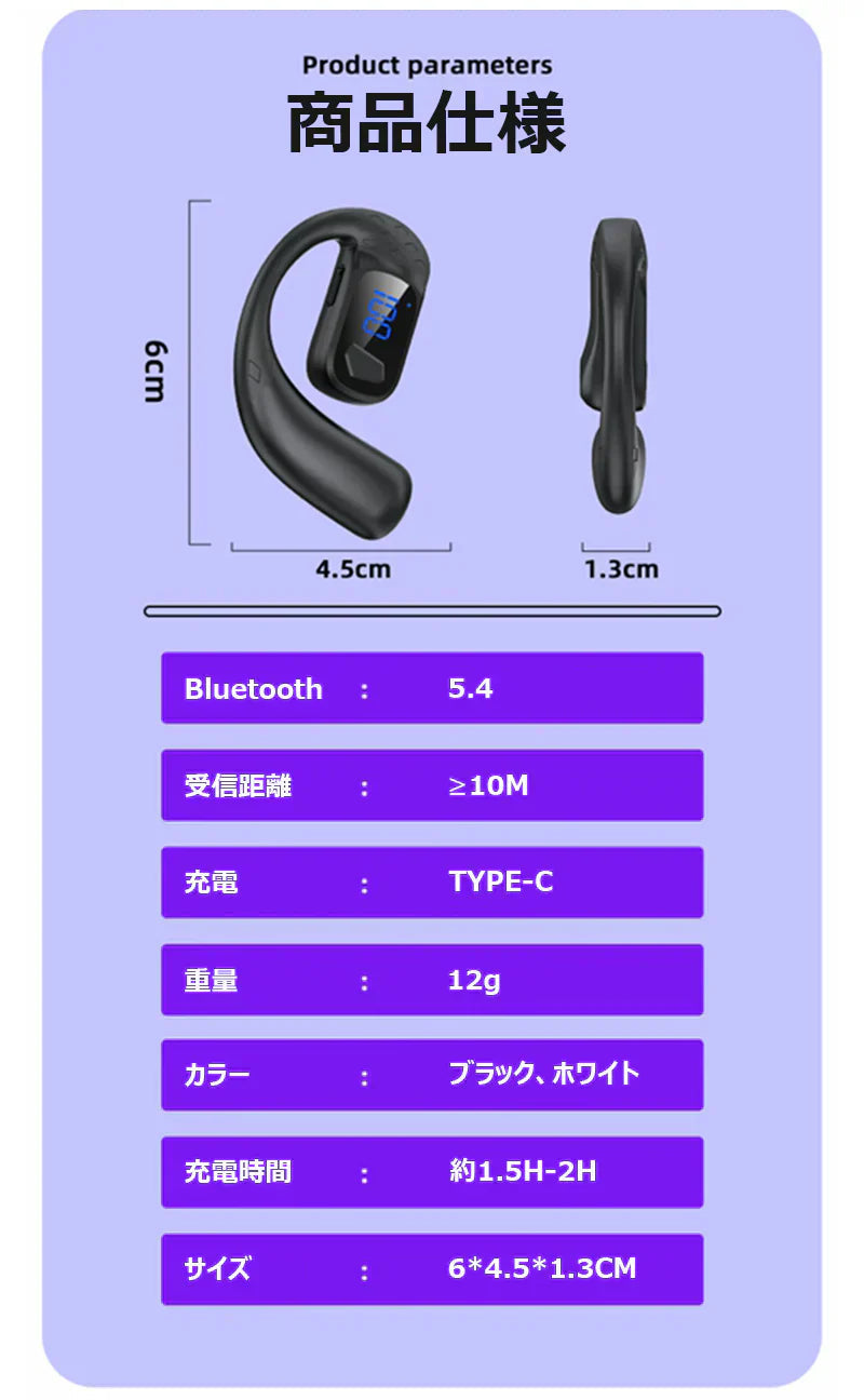 【左右耳兼用】ワイヤレスイヤホン 片耳 bluetooth5.4 180度回転 耳掛け式 IPX6防水 Hi-Fi高音質 ブルートゥースイヤホン type-C充電 耳を塞がない LED電力表示 快適 iPhone/Android適用 ハンズフリー w677C(ブラックpro)