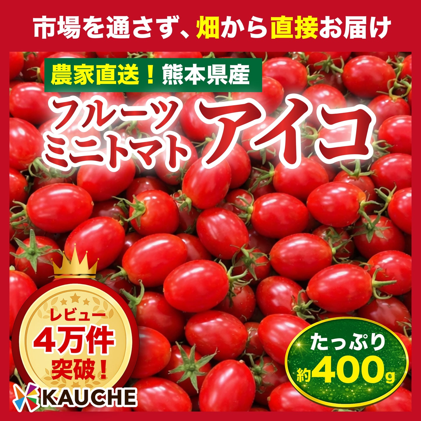 【10営業日以内に発送】たっぷり約400g！(230g～250g＋補償分150g)アイコ ミニトマト 農家直送 熊本県産（230g～250g＋保証分150g）野菜 青果 フルーツ 訳あり【カウシェファーム収穫対象商品】