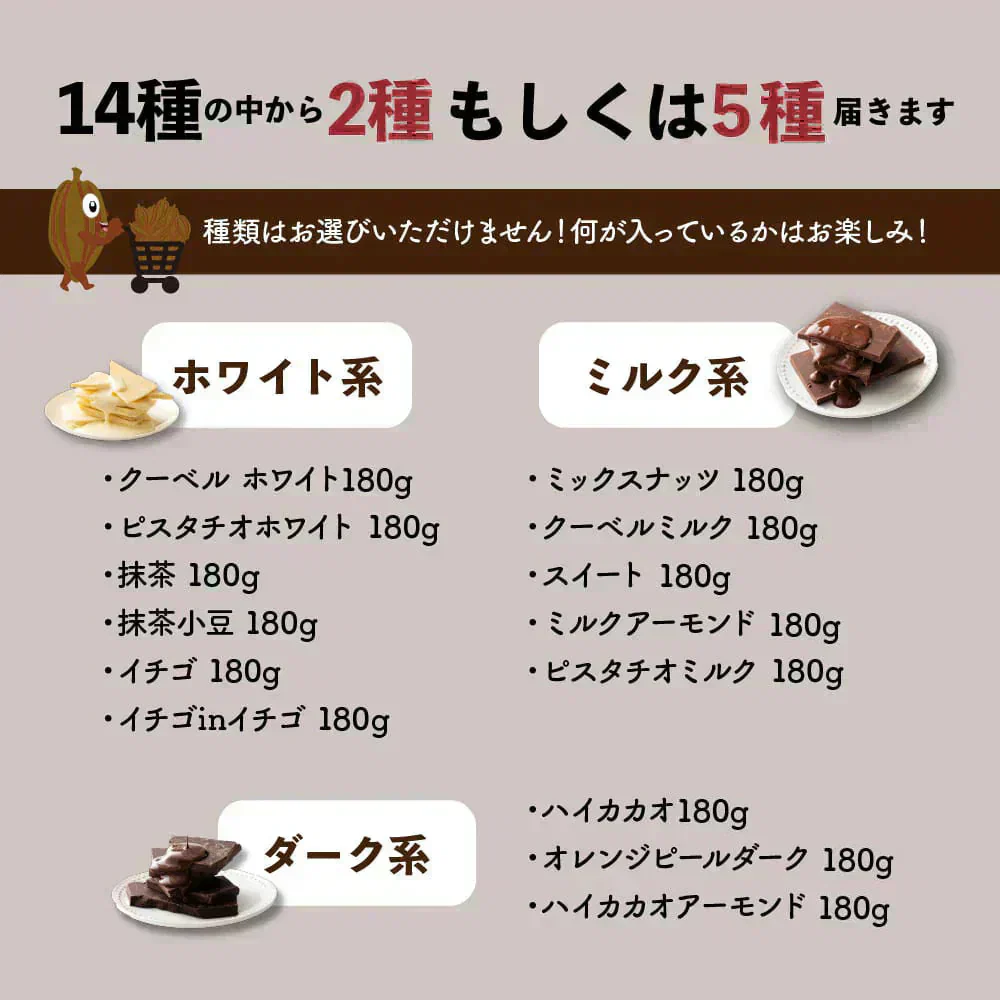 【冷蔵便】【お楽しみセット】【割れチョコ】１４種の中から２種届くお楽しみセット 福袋 クーベルチュール チョコレート ミルク アーモンド ハイカカオ ミックスナッツ メール便 送料無料