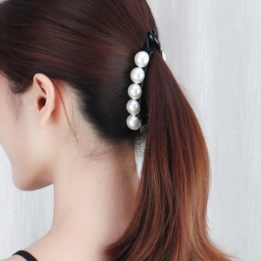 (ブラック)バナナクリップ ヘアクリップ 大きめ パール ヘアアクセサリー 髪留め 結婚式 パーティ シンプル 大人かわいい