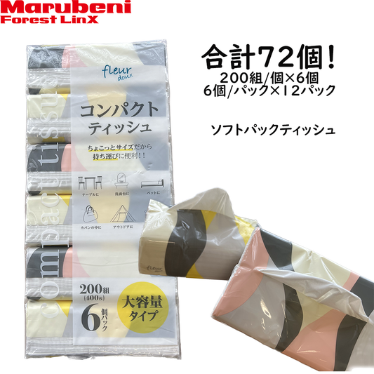 ＼大容量ティッシュ／［ ケース販売 /400枚（200組）6個×12パック(72個)入り ］コンパクトサイズティッシュペーパー ソフトパックティッシュ　送料無料