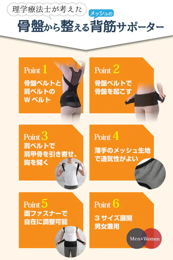 骨盤からととのえるメッシュの背筋サポーター(Sサイズ)/背筋を伸ばして骨盤を引き締める 理学療法士監修 背筋 骨盤 肩甲骨 姿勢 猫背 S字ライン姿勢矯正ベルト 男女兼用 美矯正サポーター 骨盤 腰 ダイエット 体幹 姿勢 シェイプアップ ヒップアップ 代謝アップ ウエスト くびれ 下半身 下腹背筋 引き締める 背筋  肩甲骨 姿勢 猫背 S字ライン