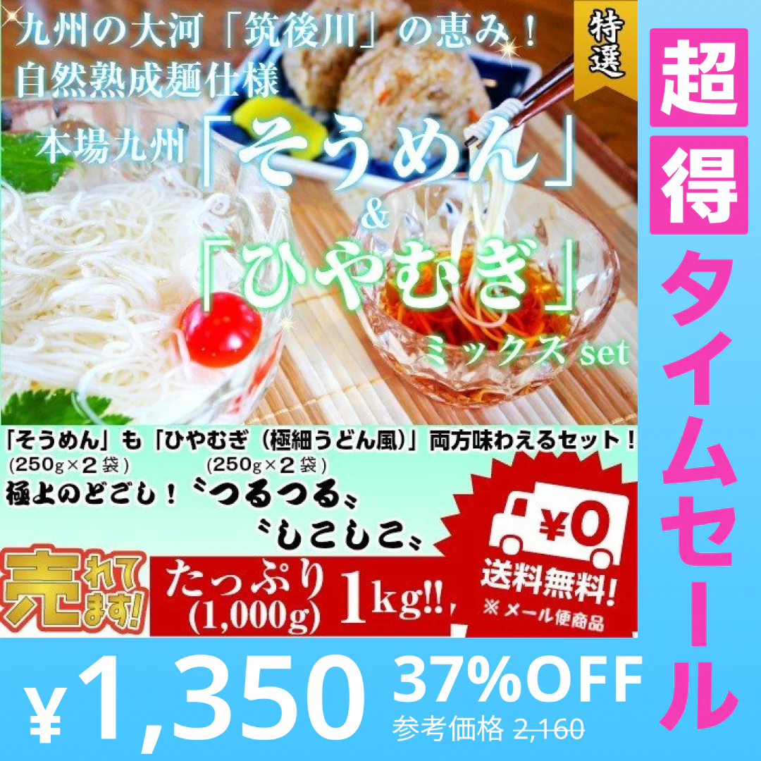 【超得ハイパーSALE】そうめん　ひやむぎ　冷麦　素麺　お取り寄せ　九州熟成そうめん250g×2袋　&　九州熟成ひやむぎ250g×2袋　たっぷり1キロ　お試しグルメギフト