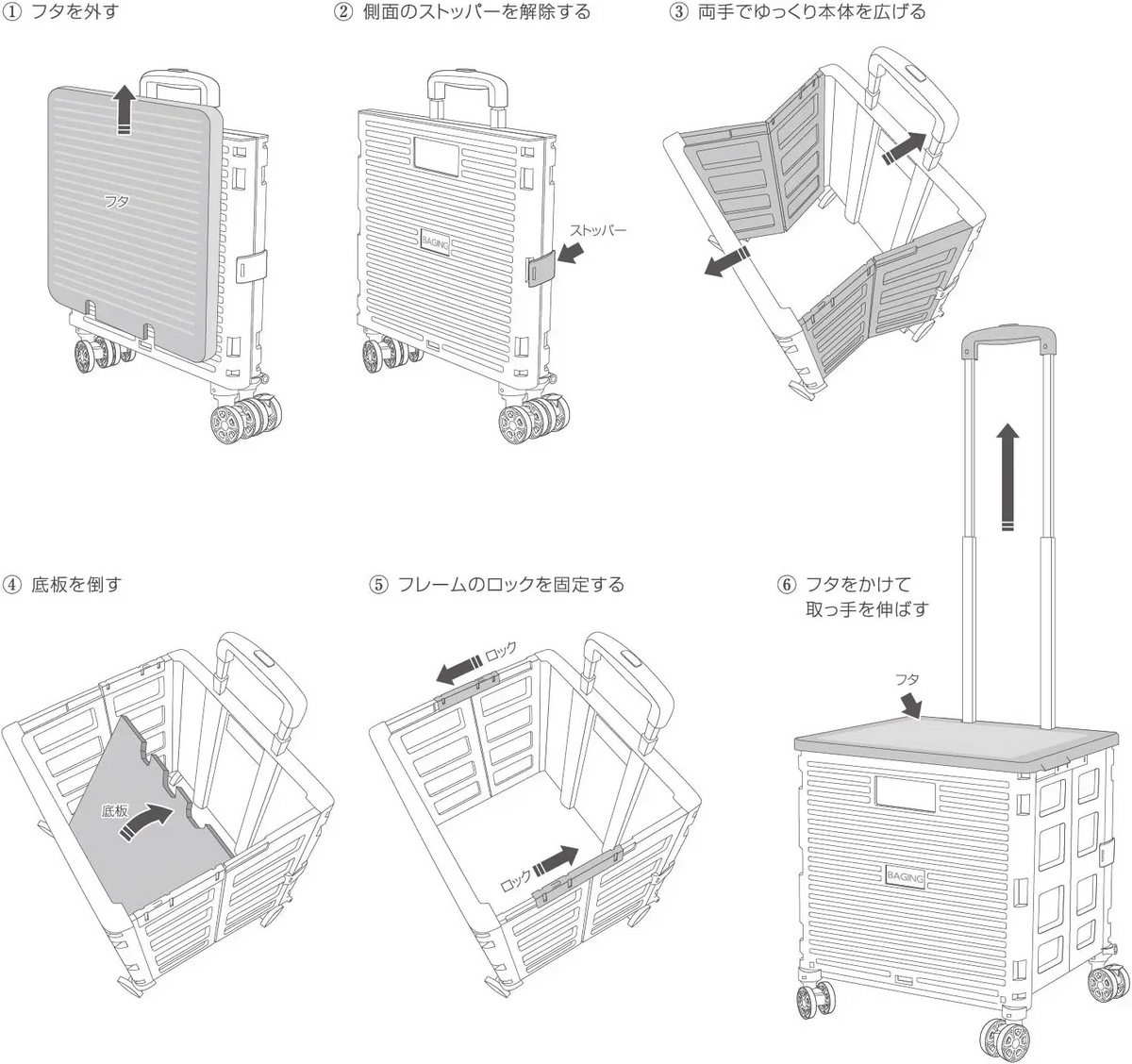 ［BAGING バギング］横押し ショッピングカート ストッパー付き 360°回転 4輪静音キャスター 折りたたみ 買い物カート LB007 (黒)