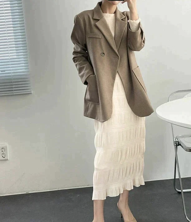 シャーリングシフォンワンピース（アイボリー/長袖/Mサイズ）