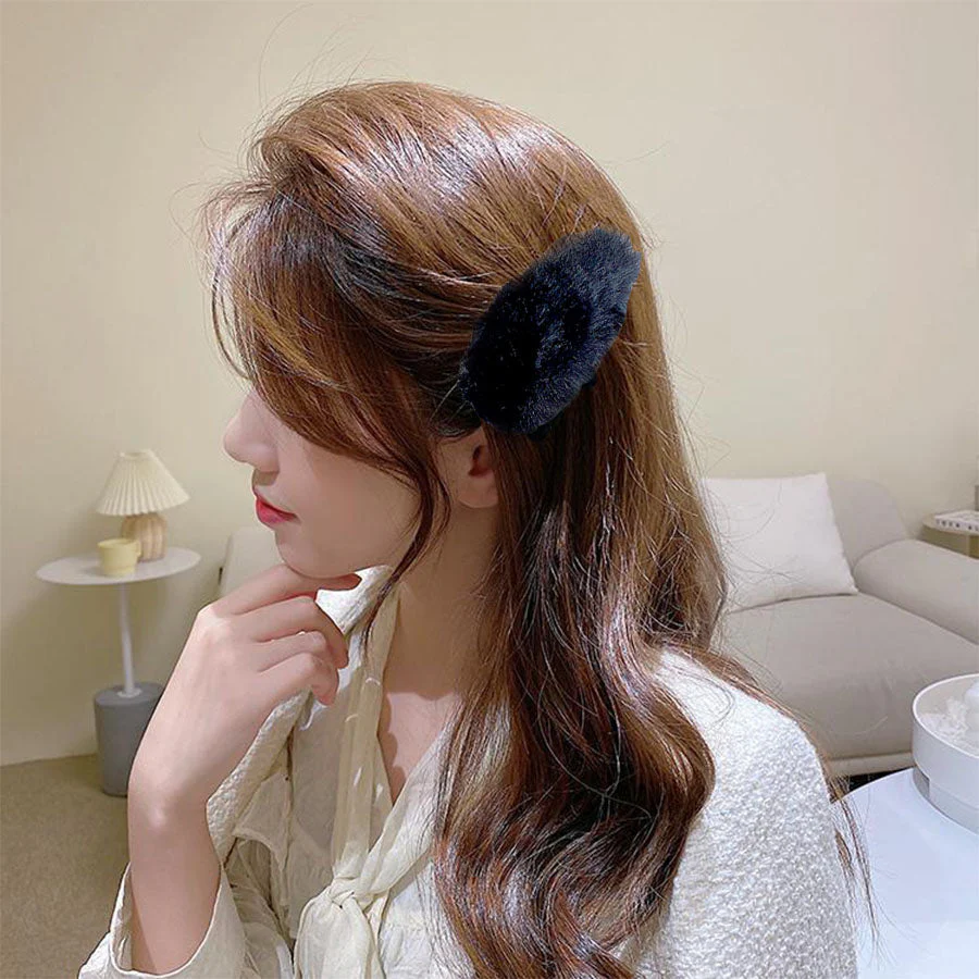 (ブラック)ファーカラー BIGオーバルヘアクリップ ヘアピン ヘアアクセサリー 大きめ ヘア留め 前髪 オシャレ