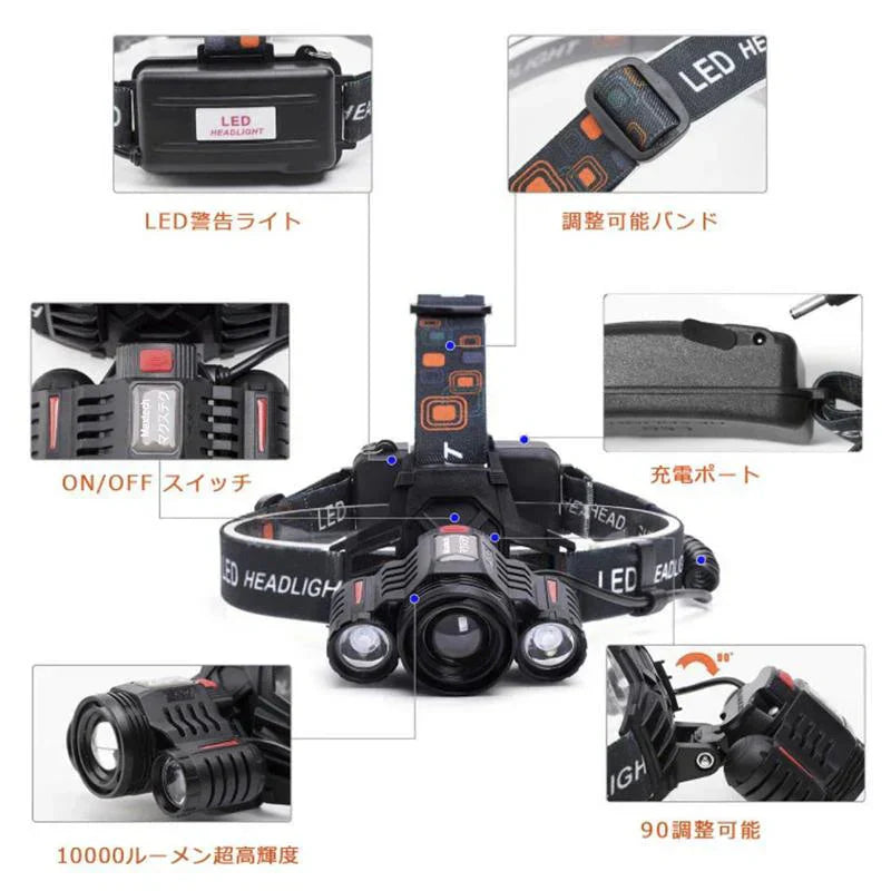 LEDヘッドライト 超強ルーメン ヘッドライト　最高輝度 充電式 ズーム機能　4段階の点灯モード(w017C)回転式