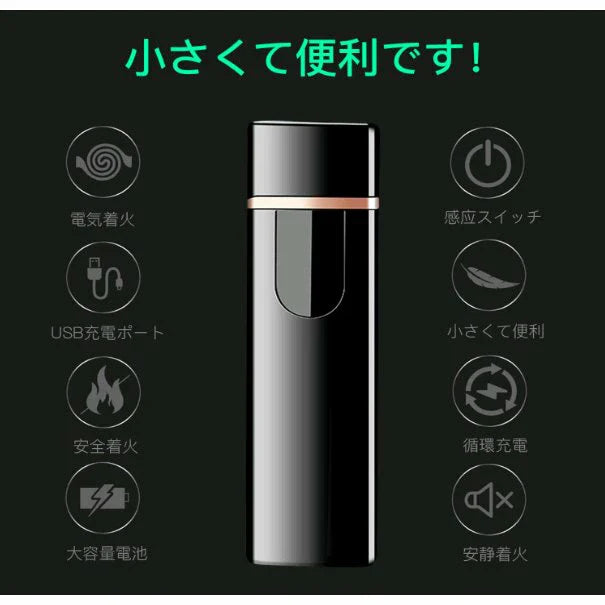 USB充電式 プラズマ 電気 usb ライター 小型 充電式 ガス?オイル不要 防風 軽量 薄型 プレゼントw107B（タイプB）ブラック