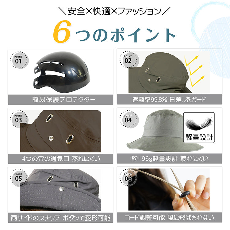 【ブラック】ハット 帽子 プロテクター付き サファリハット 折り畳み UVカット つば広 あご紐付き 簡易保護 頭部保護 軽量 作業用 速乾 吸汗 メンズ レディース 男女兼用 アウトドア 夏 登山 ゴルフ ガーデニング フェス お洒落 おしゃれ