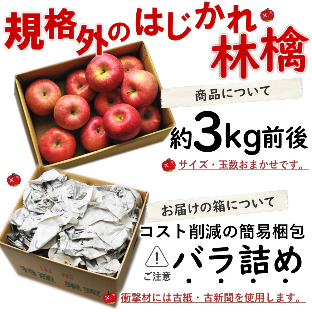 【12月上旬-下旬頃ご注文受付順次】訳ありりんご サンふじ 約3kg バラ詰め 山形産 林檎 リンゴ ふじ フジ 訳あり サイズ混合