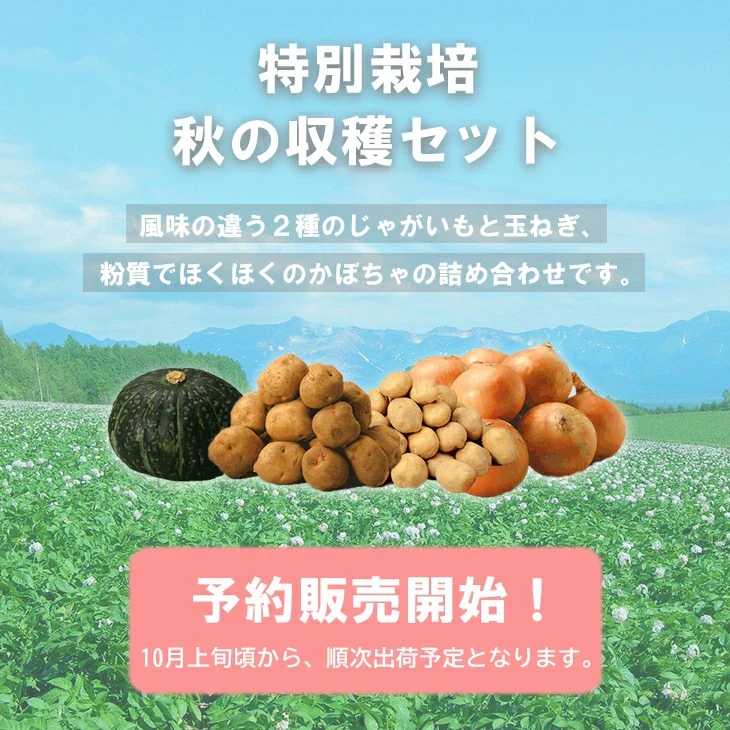 【終了】【10月上旬より順次出荷予定】特別栽培 秋の収穫セット 7kg　男爵・キタアカリ・玉ねぎ(2Ｌ～Ｍ混)/各2kg、かぼちゃ(約1.2kg)/1個