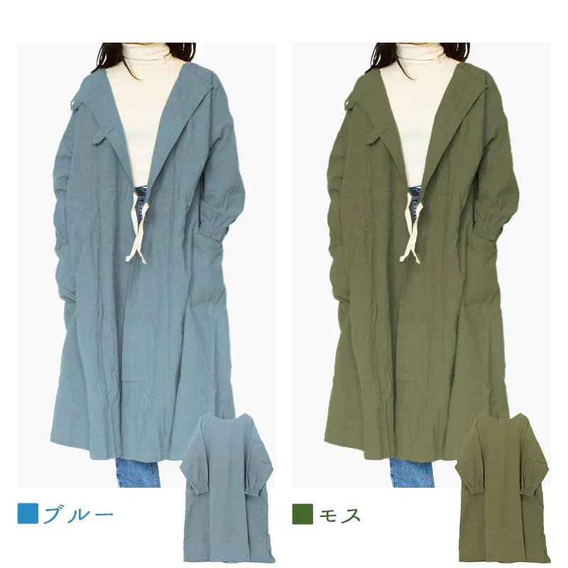 【ブルー】割烹着 2way エプロン あったか 暖かい 無地 可愛い おしゃれ ロング丈 前開き かっぽう着 ガウン 大きいサイズ 羽織り 長袖 大人 保育士 コットン 綿100%