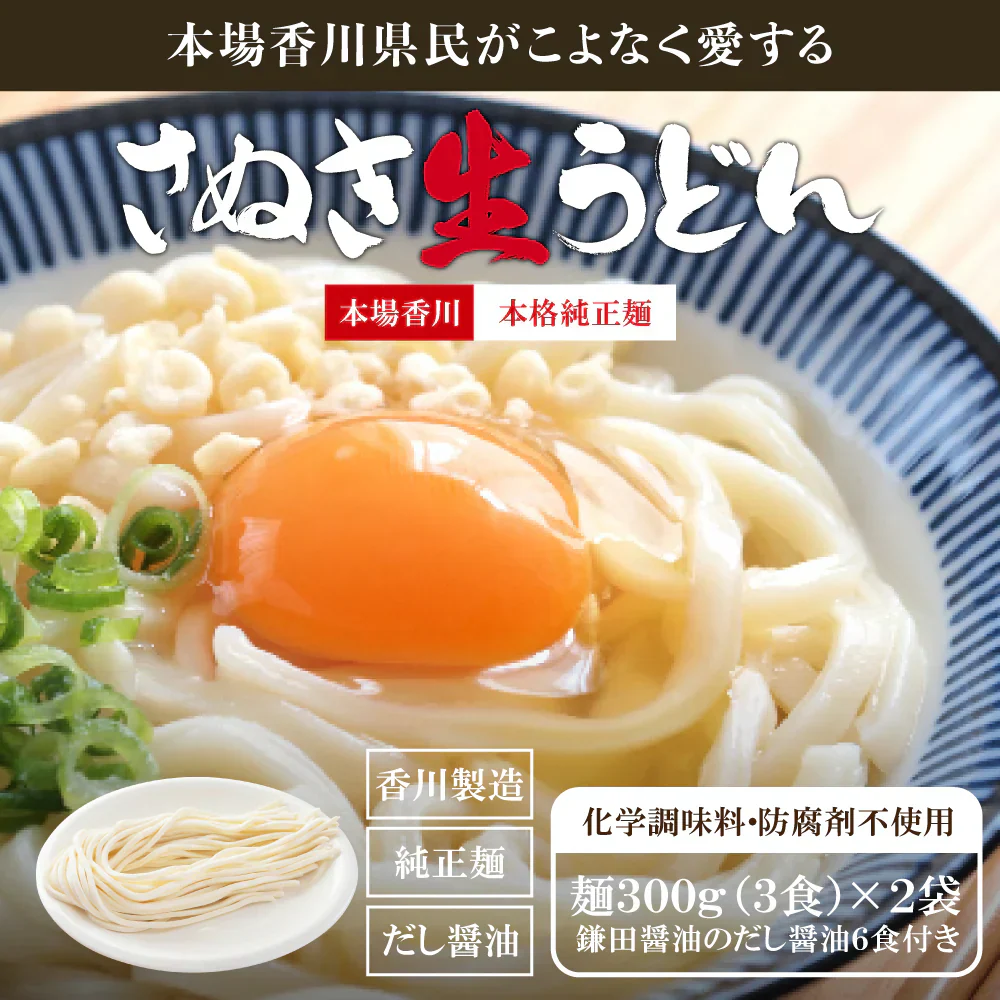 本場生讃岐うどん 専用醤油付セット 【普通麺】 6人前 (300g×2袋) 送料無料 讃岐うどん 生うどん しょうゆうどん 手土産 お土産 鎌田だし醤油 鎌田醤油 めんつゆ 出汁 本場