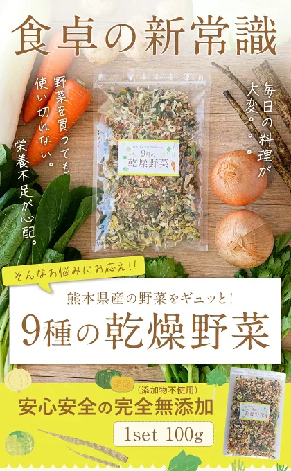 9種の国産野菜 乾燥野菜 完全無添加 完全国産 熊本県産 100g 野菜セット スープ 味噌汁 インスタント やさい 栄養 ドライベジ エアドライ 野菜 詰め合わせ 健康 ブドウ糖不使用《3-7営業日以内に発送予定(土日祝日除く)》