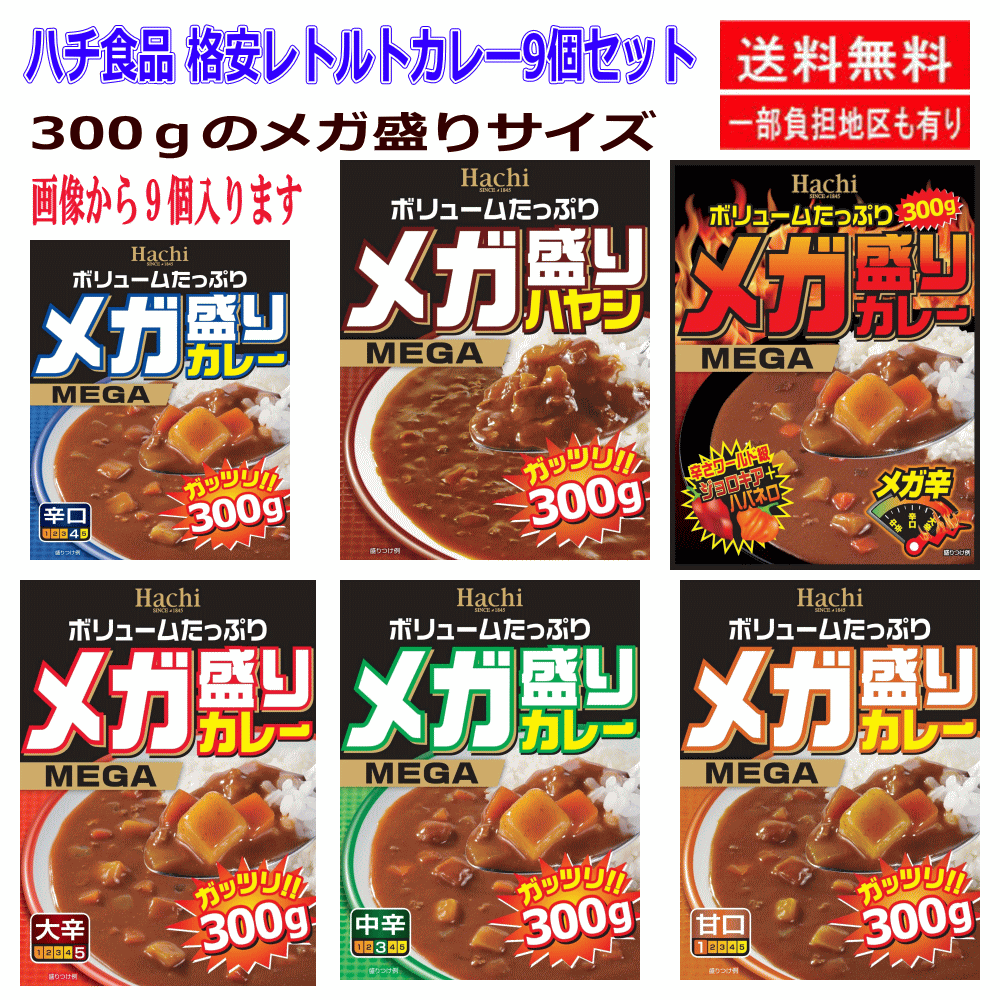 即食 時短食 レトルトカレー ハチ食品 メガ盛り 300g レトルトパック 9個セット カレー 三昧