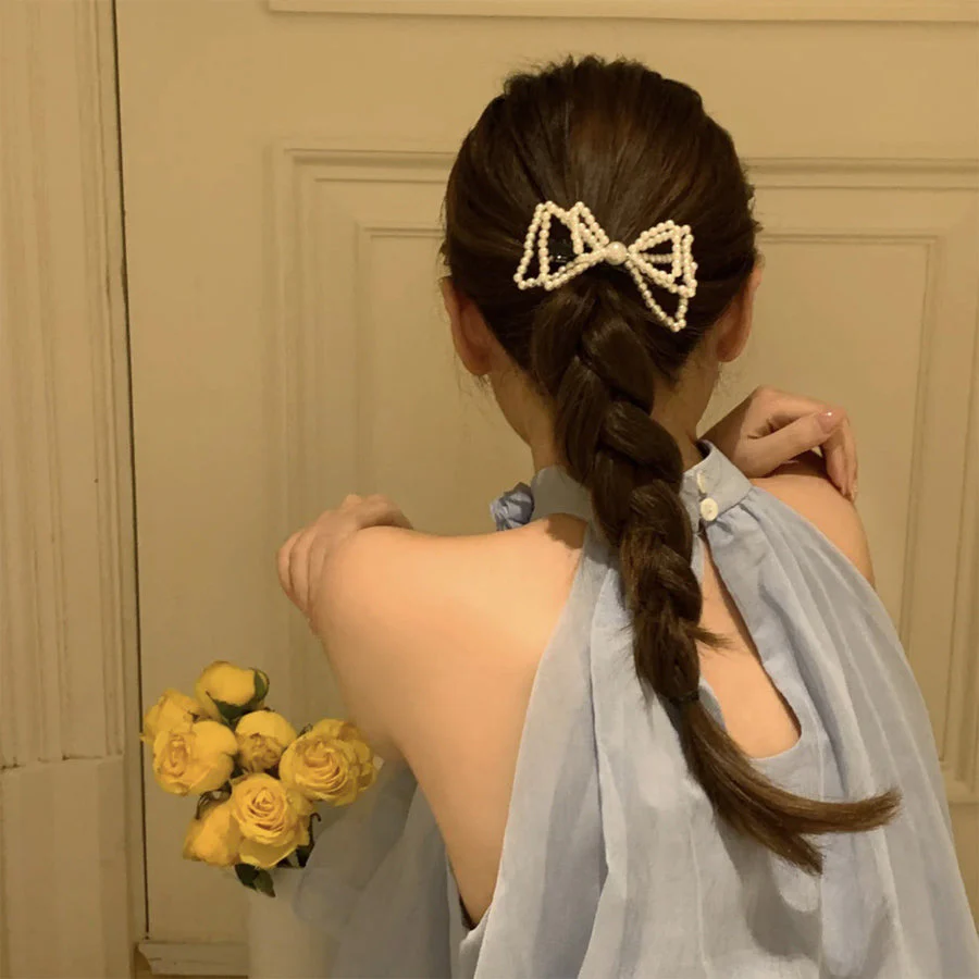 (B金具)ヘアピン ヘアゴム 結び  リボン パールビーズヘアピン パッチン留め かわいい ヘアアクセサリー ホワイト 子ども おしゃれ