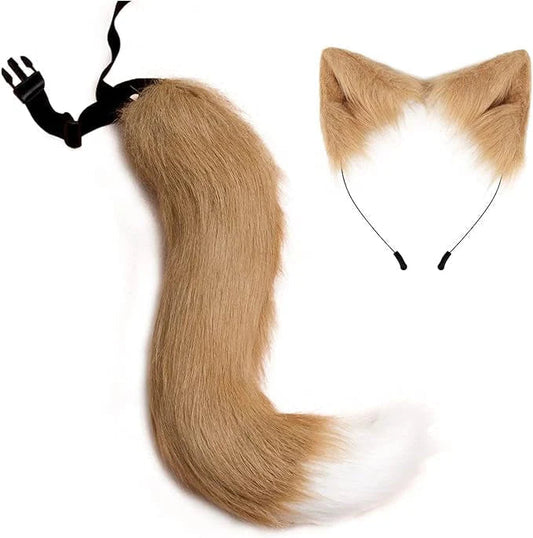 2点セット ハロウィン かわいい しっぽ コスプレ クリスマス パーティー グッズ 仮装 狐 猫 犬 尻尾 ブロンド 狐耳 犬耳 つけ耳 柴 狼 狸 猫耳 カチューシャ  動物 メイド w680B(ブラウン)