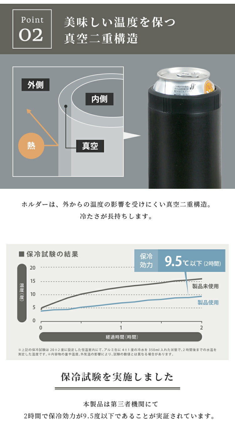 (サテンシルバー)ドリンクホルダー UN+USUAL アニュージュアル 保冷缶ホルダー 350ml 真空二重構造 アウトドア キャンプ