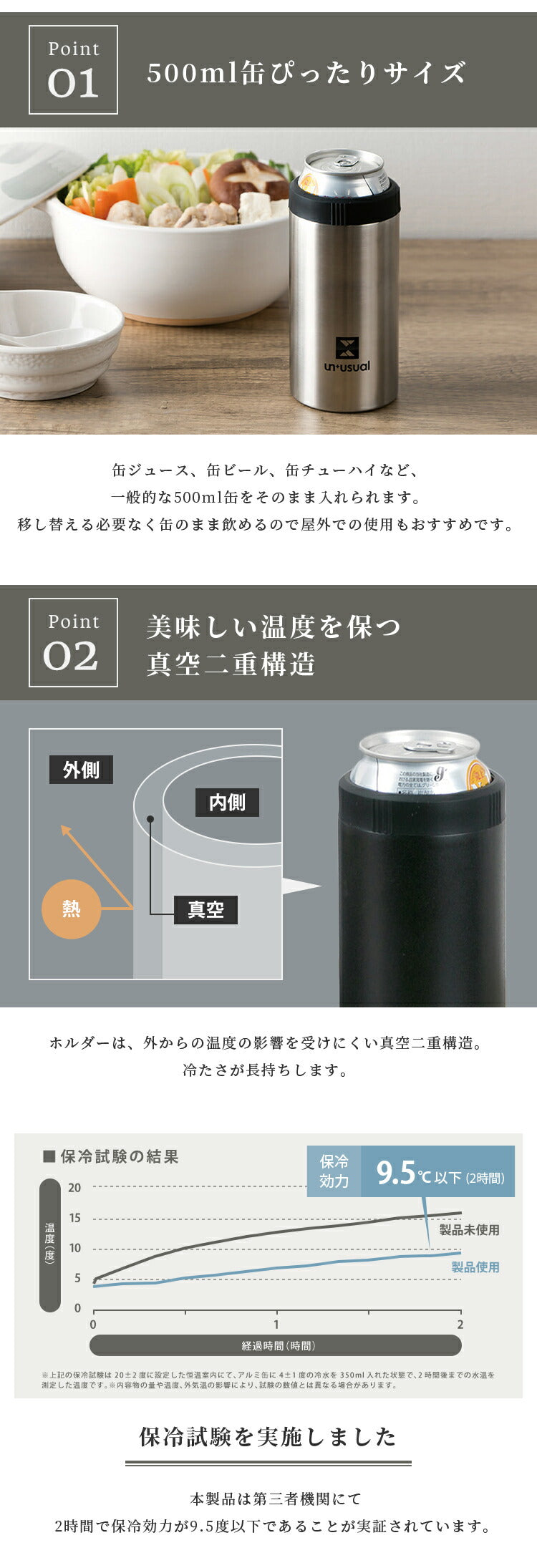 (サテンシルバー)ドリンクホルダー UN+USUAL アニュージュアル 保冷缶ホルダー 500ml 真空二重構造 アウトドア キャンプ お出掛け 水筒 登山 アウトドア雑貨 缶 ビール【送料無料】
