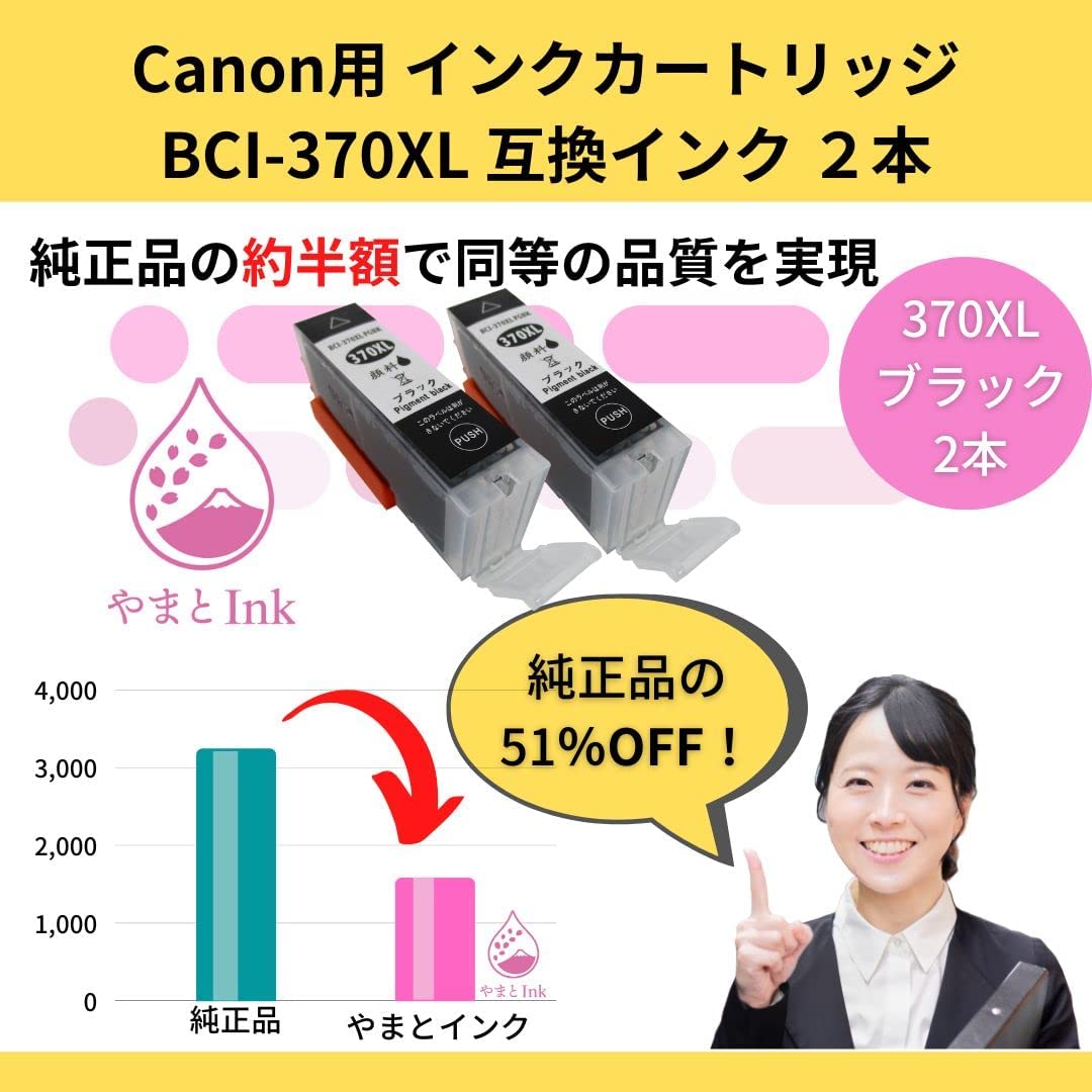 やまとインク キャノン Canon 互換インク BCI-370XLPGBK（顔料BK) 大容量サイズ 2本セット ICチップ付 残量表示 個別包装