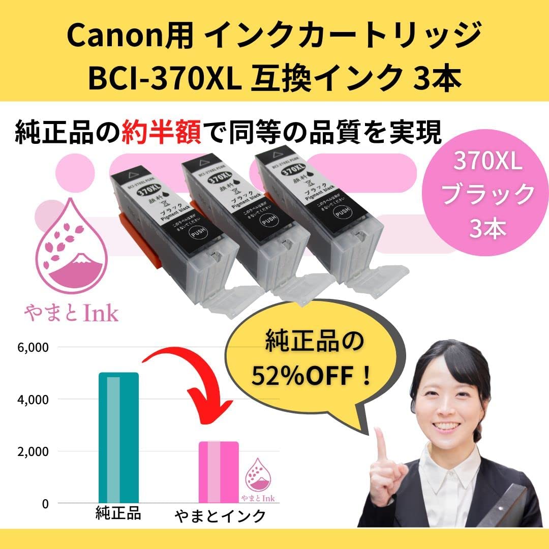 やまとインク キャノン Canon 互換インク BCI-370XLPGBK（顔料BK) 大容量サイズ 3本セット ICチップ付 残量表示 個別包装