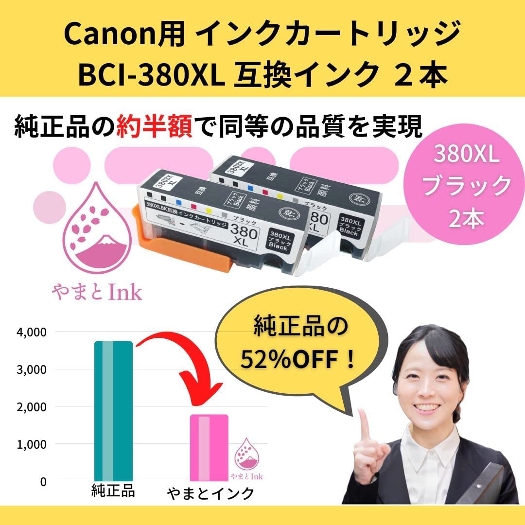 やまとインク キャノン Canon 互換インク BCI-380XL（顔料BK) の大容量サイズ ２本セット ICチップ付 残量表示 個別包装