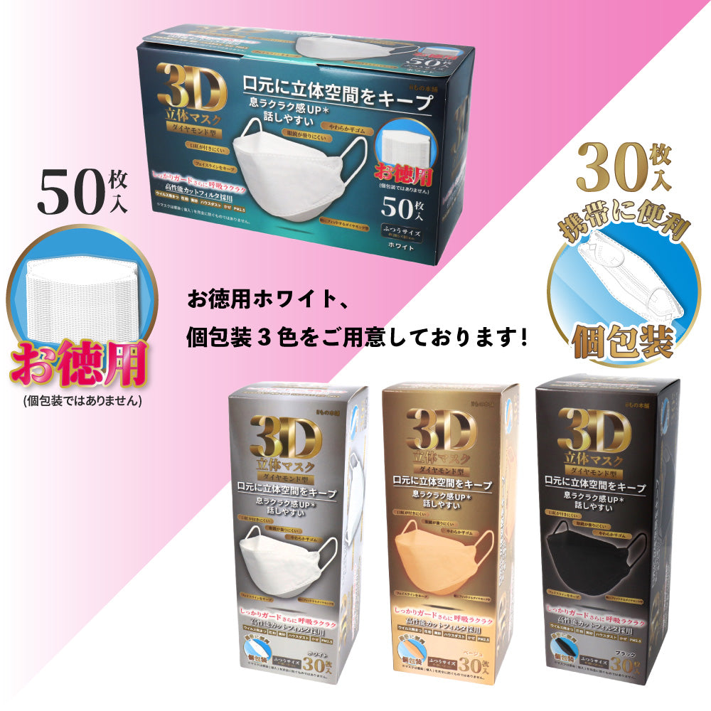 3層不織布マスク iiもの本舗 3D立体マスク ダイヤモンド型 ふつうサイズ ホワイト 個包装 30枚入り X6箱