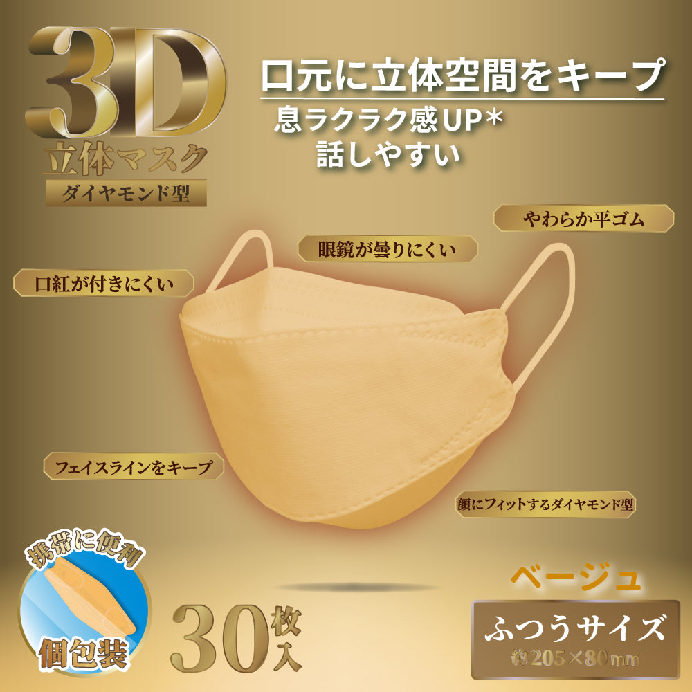 3層不織布マスク iiもの本舗 3D立体マスク ダイヤモンド型 ふつうサイズ ベージュ 個包装 30枚入り X4箱 KI1876-1