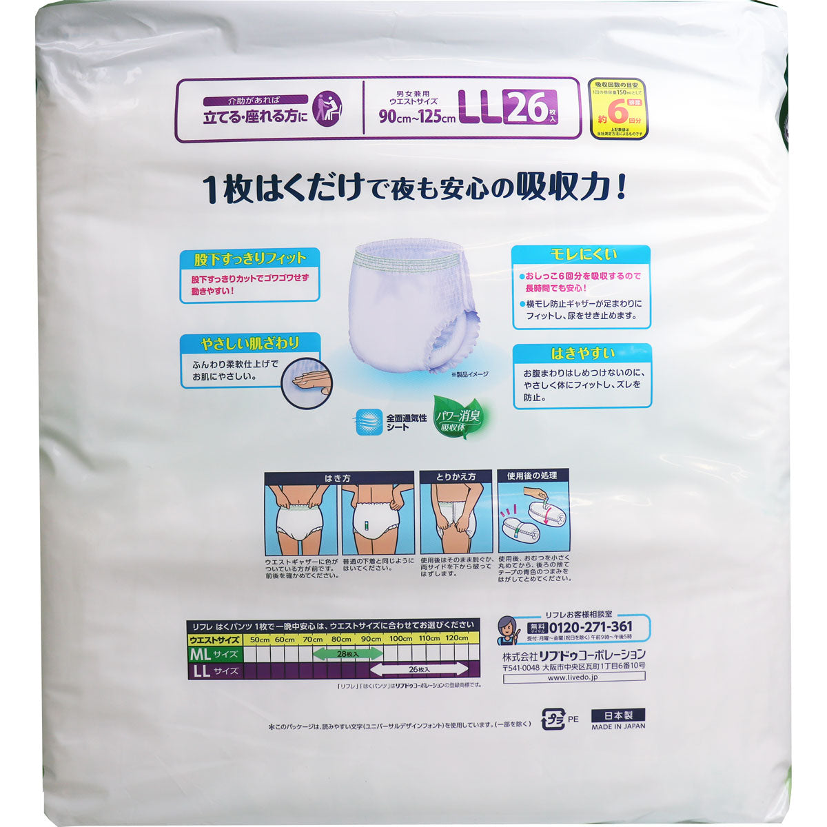 リフレ はくパンツ 1枚で一晩中安心 約6回分吸収 男女共用 お得用パック LLサイズ 26枚入り X3パック