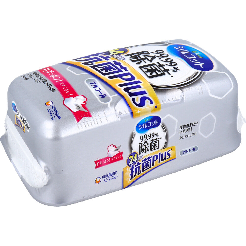 除菌ウェットシート ユニ・チャーム シルコット 抗菌Plus アルコールタイプ 無香料 本体 34枚入り X4箱