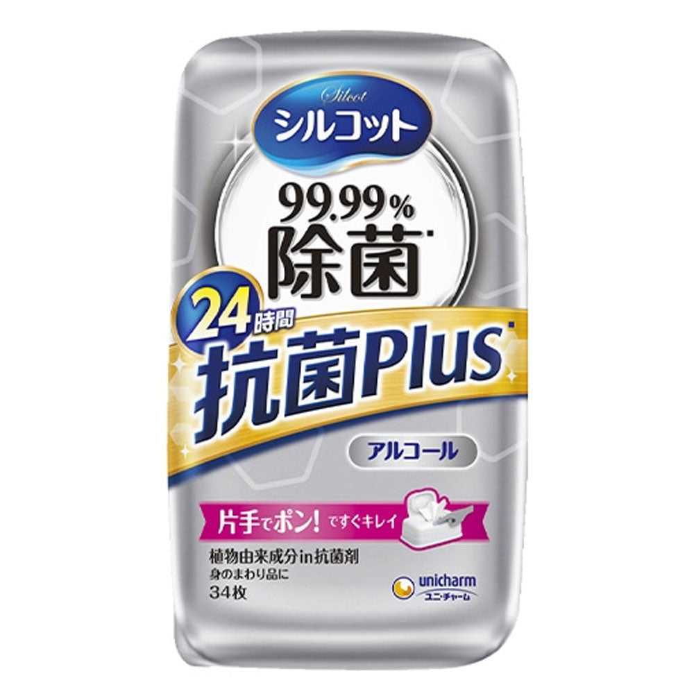 除菌ウェットシート ユニ・チャーム シルコット 抗菌Plus アルコールタイプ 無香料 本体 34枚入り X4箱