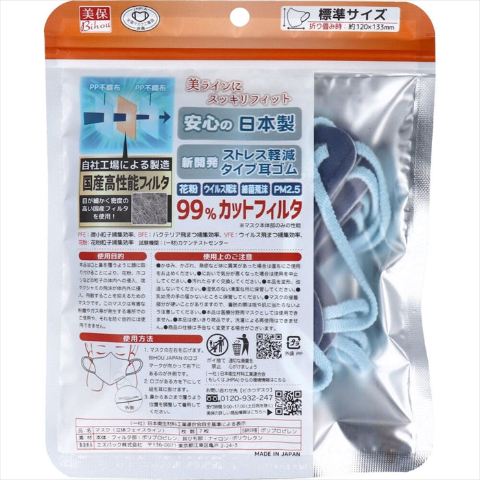 エスパック ビホウ やさしいマスク 立体フェイスライン ネイビーx水色 標準サイズ 7枚入り X6パック