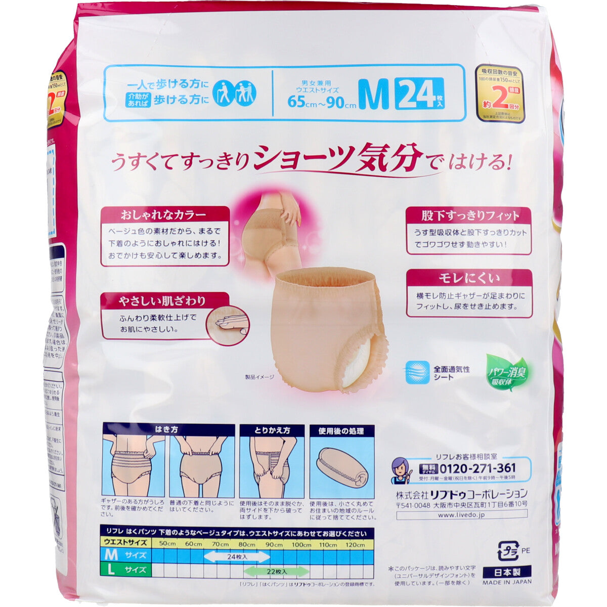 リフレ はくパンツ 下着のようなベージュタイプ 約2回分吸収 男女兼用 Mサイズ 24枚入り X4パック 医療費控除対象品