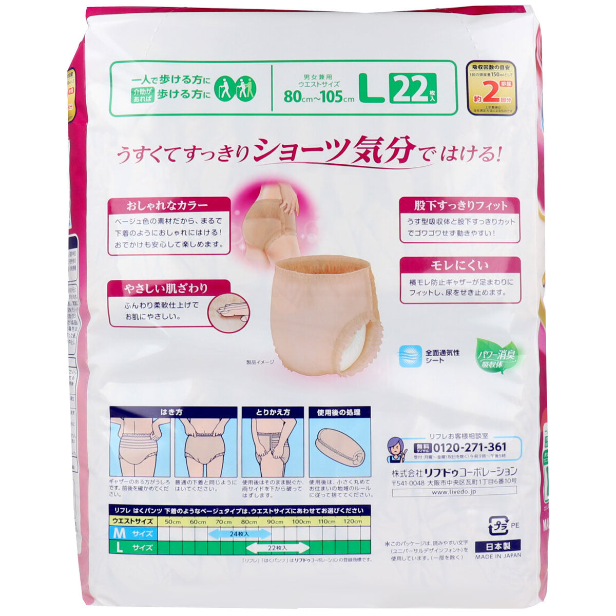 リフレ はくパンツ 下着のようなベージュタイプ 約2回分吸収 男女兼用 Lサイズ 22枚入り X4パック 医療費控除対象品