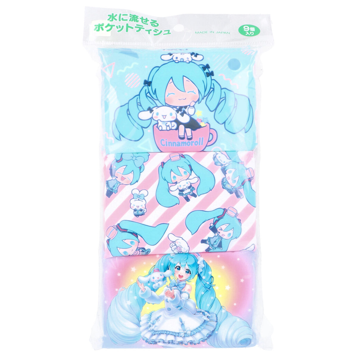 ハヤシ商事 水に流せるポケットティシュ 初音ミクxシナモロール 天然パルプ100％ 8組16枚 9個入り X14パック