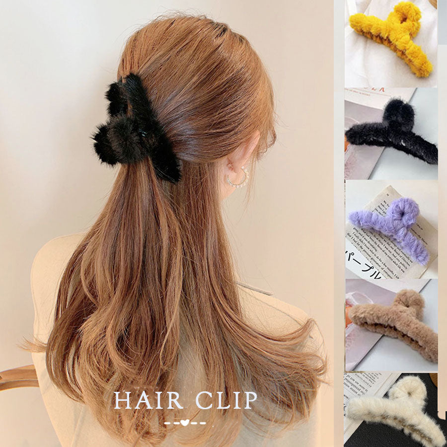 (イェロー)クリップ　もこもこ　　フェイクファー　ヘアピン　ヘア留め　冬　ヘアアクセサリー　ヘア爪　クランプ　かわいい　オシャレ　髪飾り　大人　かわいい　クリスマス　上品
